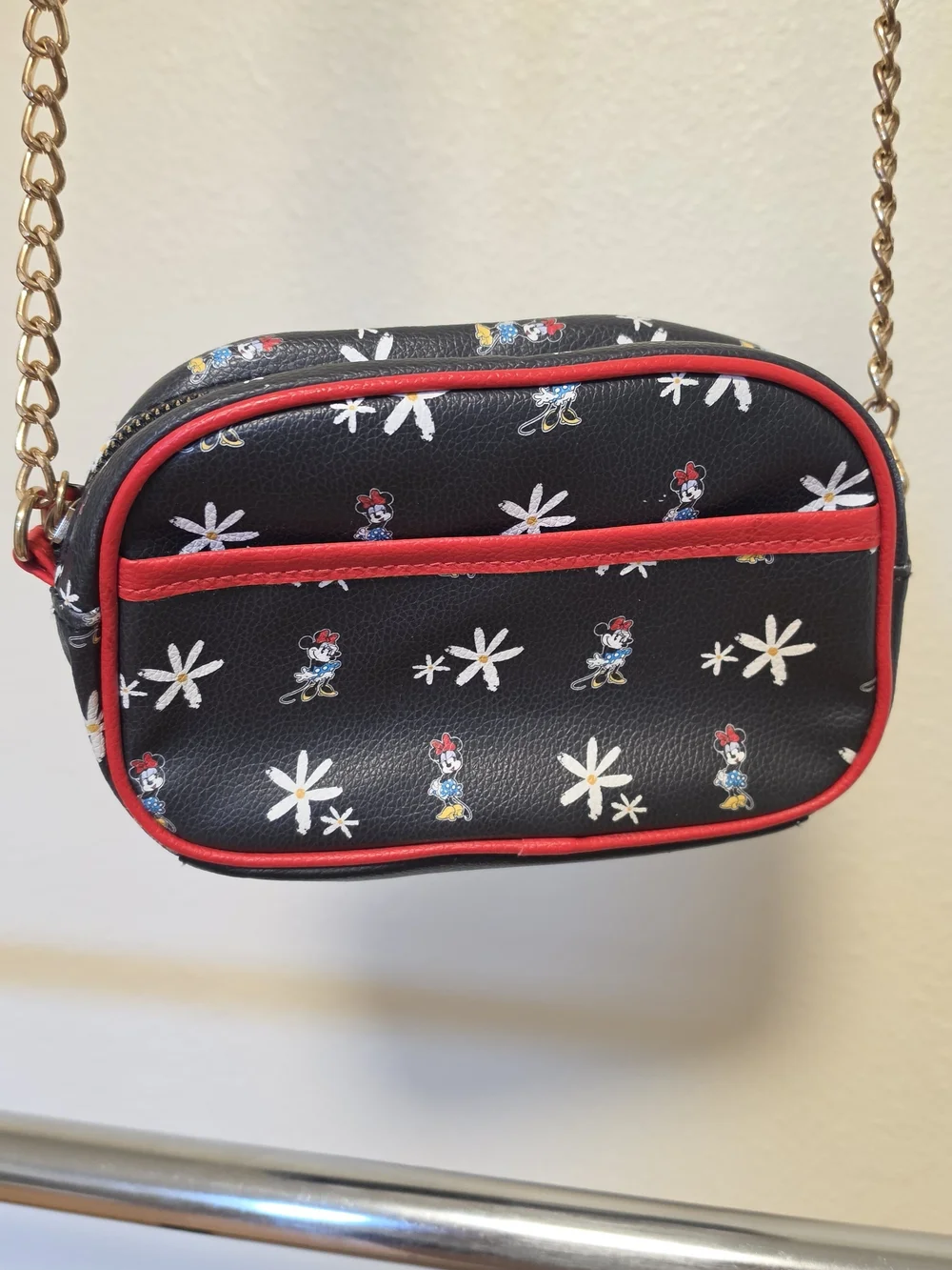 Disney Minnie Mouse Black Crossbody Bag with Red Trim and Daisy Print
